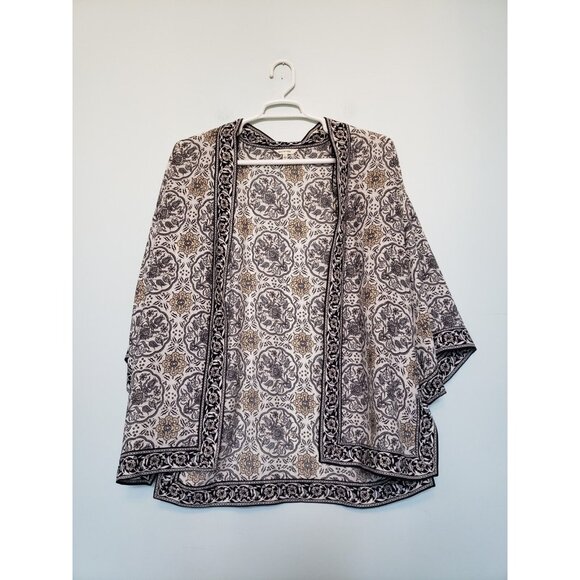 Max Studio Sweaters - Max Studio Womens L Kimono Top Floral Boho Gray Yellow Open Front 3/4 Sleeve